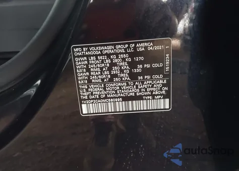 2021 Volkswagen Atlas 2.0T Se из США, поврежденный, VIN 1V2DP2CA0MC580995